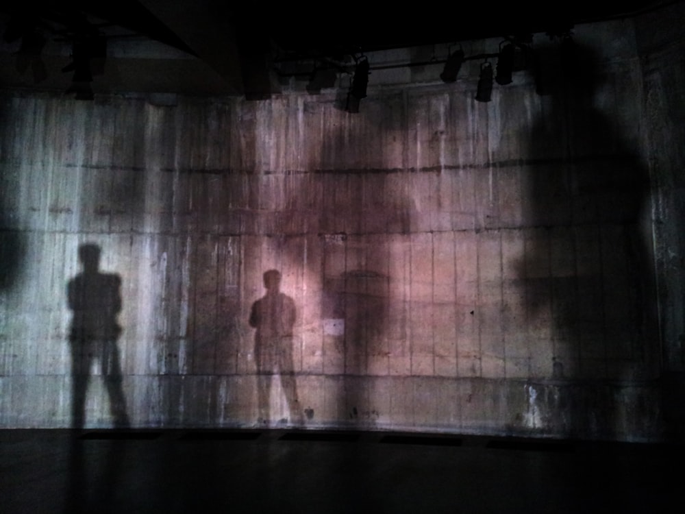 silhouette of man standing near wall on dark area