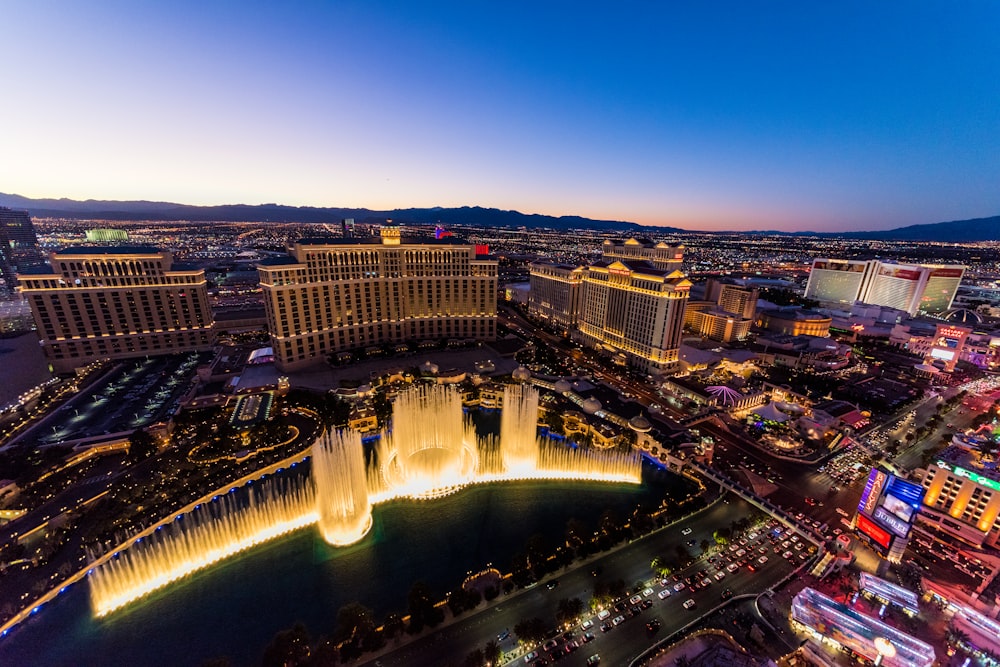 a city with a fountain in the middle