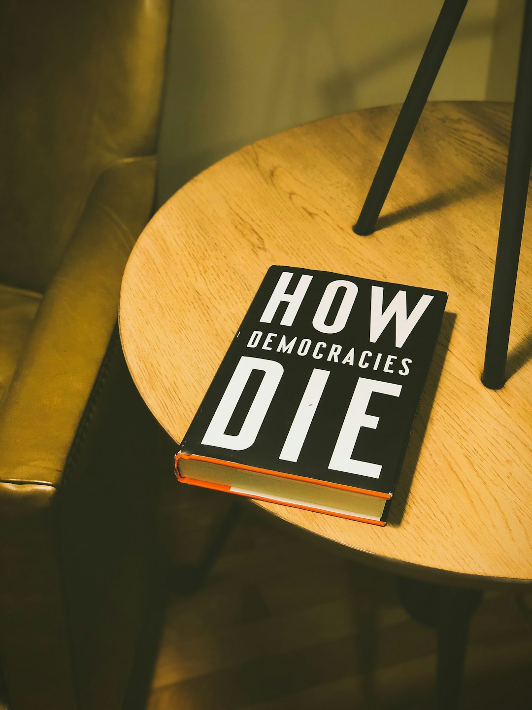 How Democracies Die book on brown wooden side table