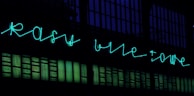 Neon sign in turquoise script displayed above a wall with numerous rectangular panels, possibly windows, illuminated against a dark background.