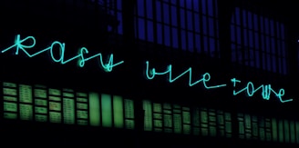 Neon sign in turquoise script displayed above a wall with numerous rectangular panels, possibly windows, illuminated against a dark background.