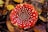 A bright red mushroom with white spots is centered in the image, lying on a bed of dried brown and yellow leaves.