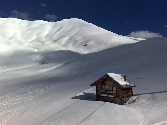 brown wooden house on the center of snow covered land in Canazei Italy