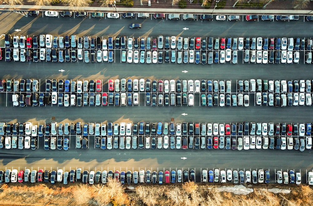 aerial view of assorted cars in parking lot