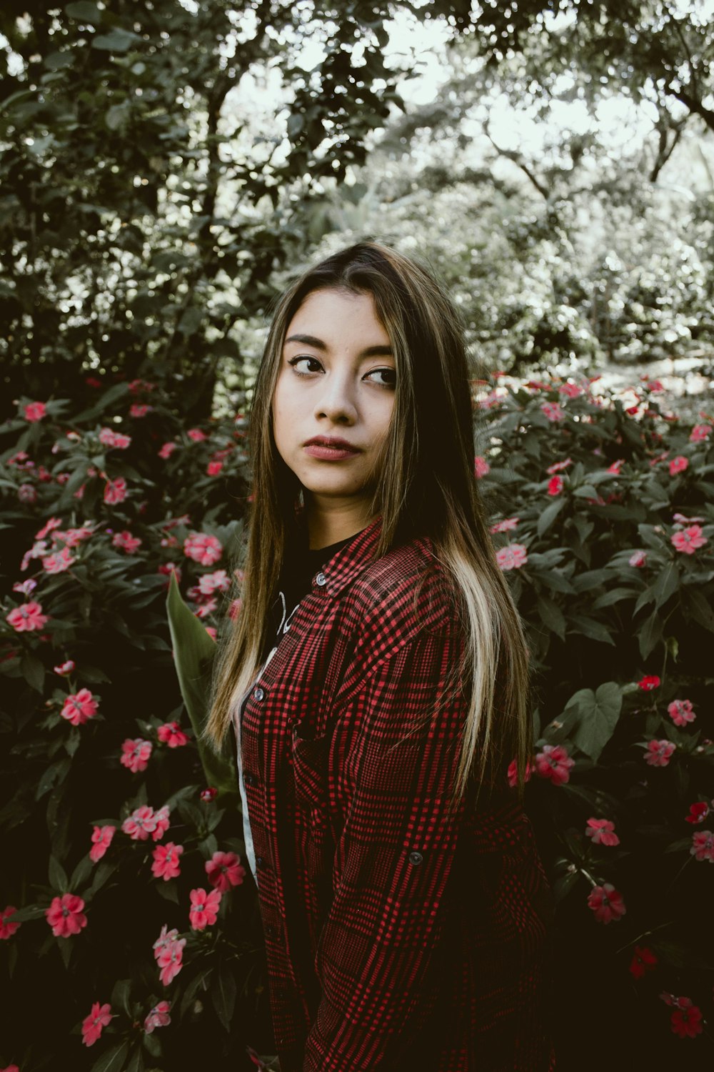 woman wearing red jacket standing beside red petaled flower and green trees during daytime