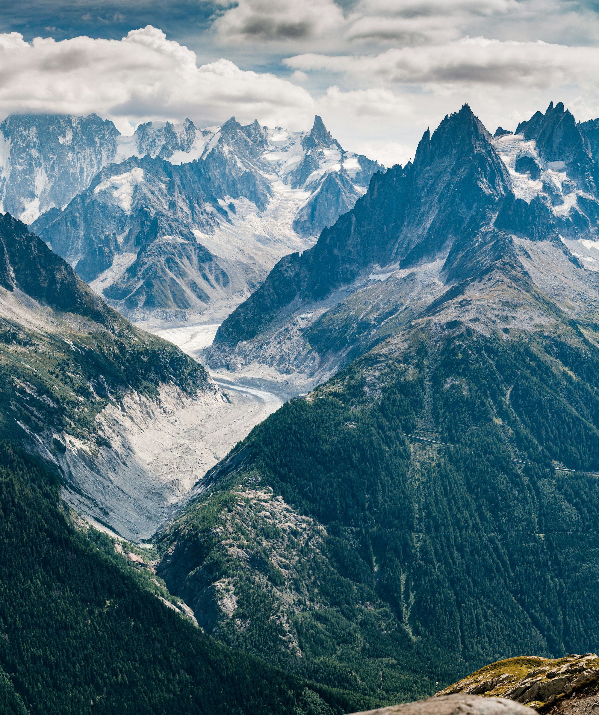 Hiking to Lac Blanc gives the best views across to the major peaks close to Mont Blanc. This panorama picture was made in July.