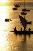 Sunset cruise with golden light reflecting on calm turquoise waters.
