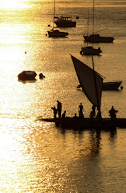 Sunset cruise with golden light reflecting on calm turquoise waters.
