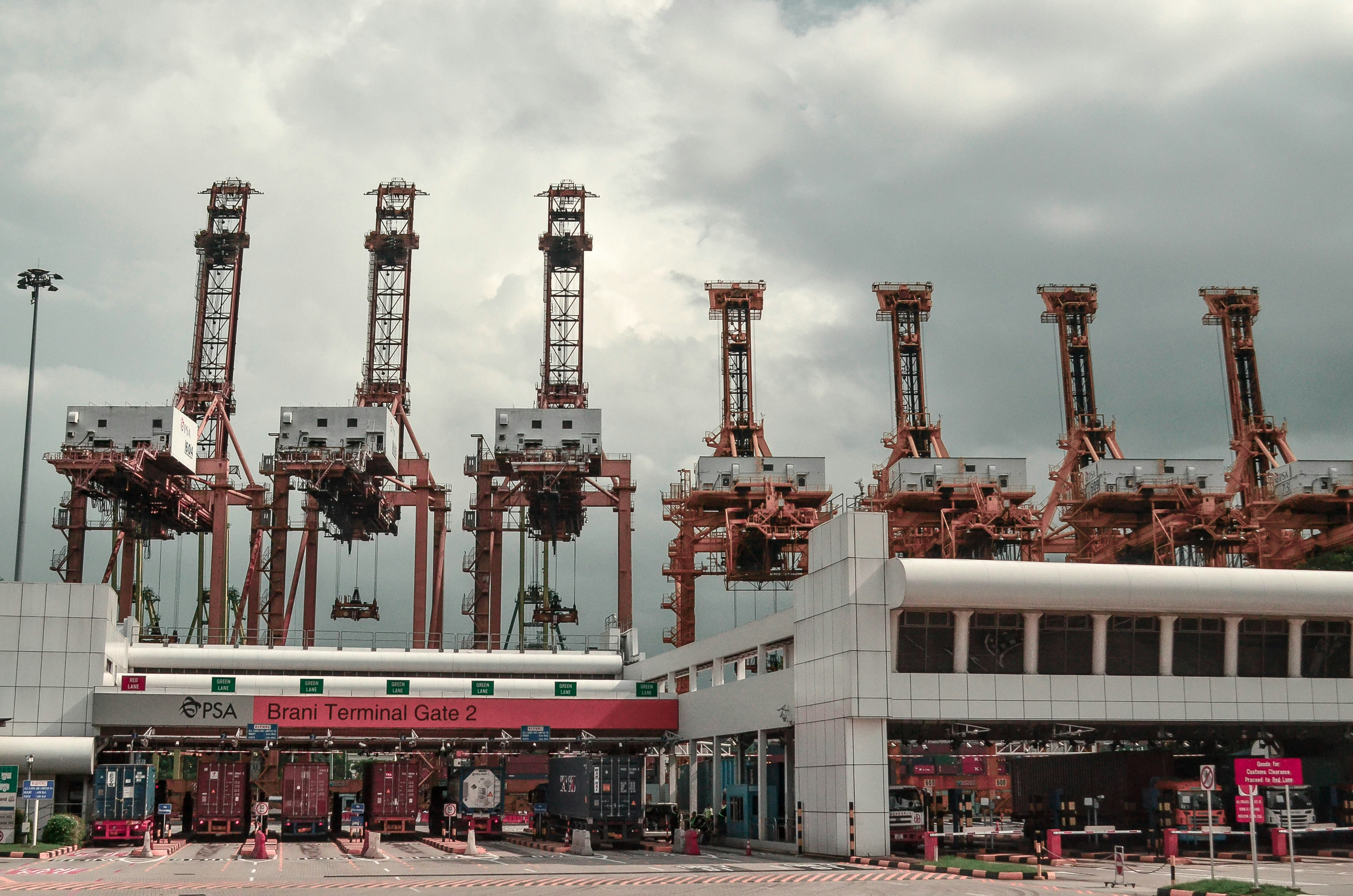 Terminal de contenedores con múltiples grúas pórtico en operación y buques portacontenedores atracados al muelle