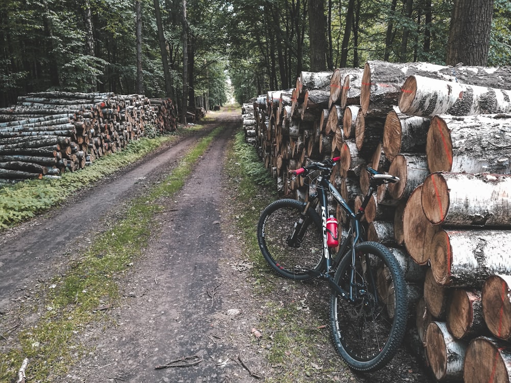 낮 동안 갈색 나무 통나무 근처의 블랙 하드테일 산악 자전거