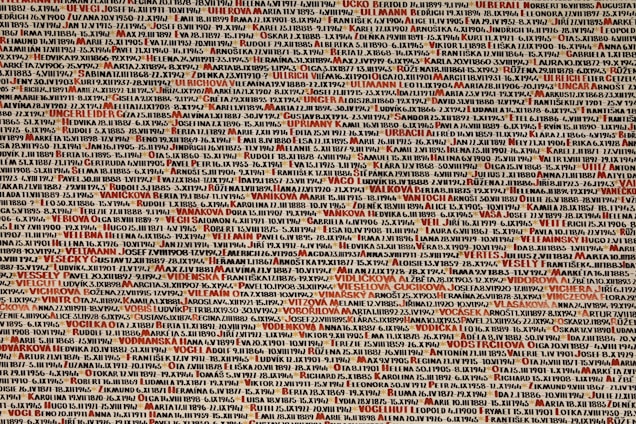 A densely packed array of names and dates, printed in various shades of black, brown, and red. The background is a pale off-white. Some of the names and dates are highlighted in red, making them stand out among the others.