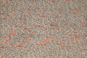 A densely packed array of names and dates, printed in various shades of black, brown, and red. The background is a pale off-white. Some of the names and dates are highlighted in red, making them stand out among the others.