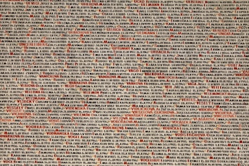 A densely packed array of names and dates, printed in various shades of black, brown, and red. The background is a pale off-white. Some of the names and dates are highlighted in red, making them stand out among the others.