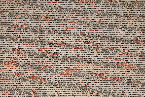 A densely packed array of names and dates, printed in various shades of black, brown, and red. The background is a pale off-white. Some of the names and dates are highlighted in red, making them stand out among the others.