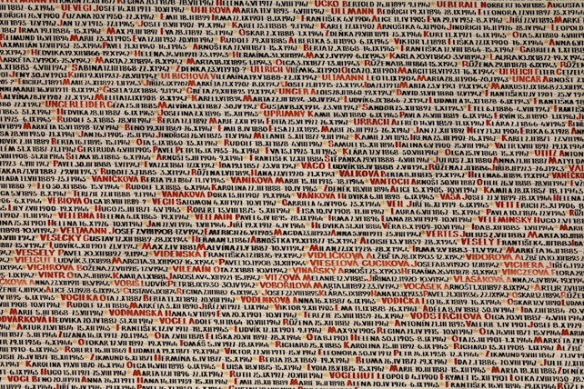 A densely packed array of names and dates, printed in various shades of black, brown, and red. The background is a pale off-white. Some of the names and dates are highlighted in red, making them stand out among the others.