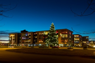A modern apartment building complex is illuminated against a deep blue evening sky. In front of the buildings, a large Christmas tree is decorated with yellow lights. The windows of the apartments display various colored lights, creating a festive atmosphere. There is minimal traffic on the road surrounding the roundabout, which is bordered by tree branches.