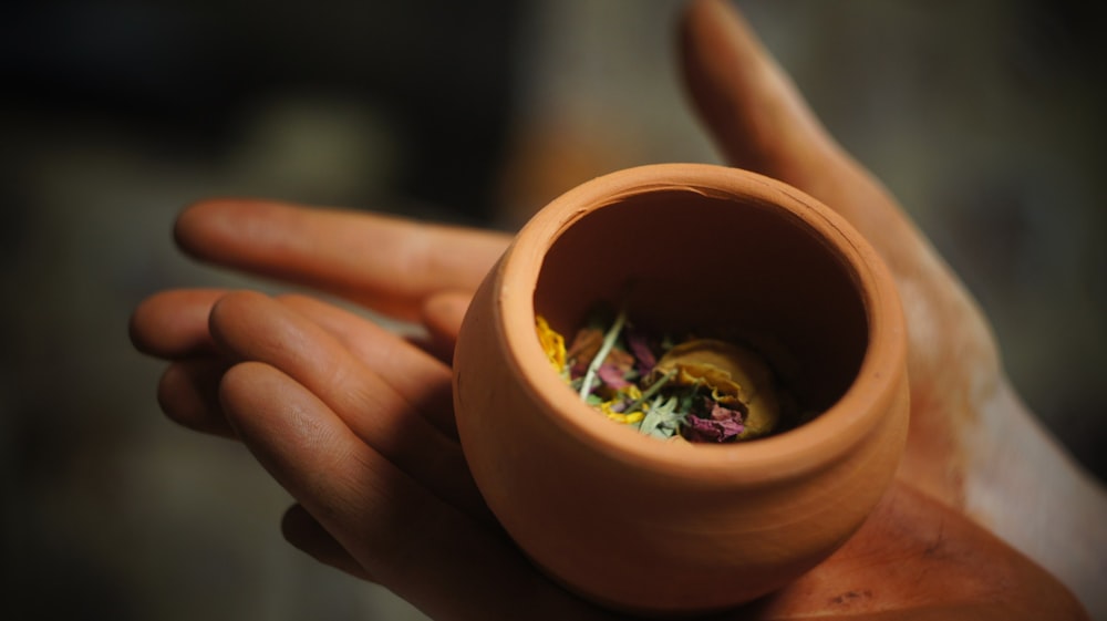 round brown clay pot on person's plams