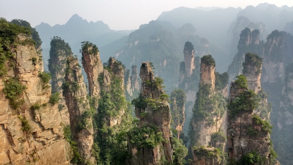 Tall, narrow sandstone pillars covered with lush greenery rise majestically from the forest floor, creating a dramatic and otherworldly landscape under a hazy sky. The towering rock formations are surrounded by a misty backdrop of distant mountains, enhancing the mystical and serene atmosphere.