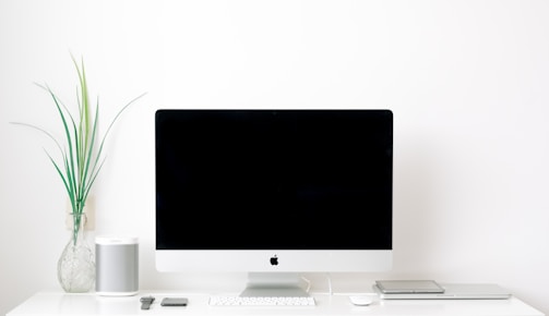 white iMac powered off sitting next to green plant on desk