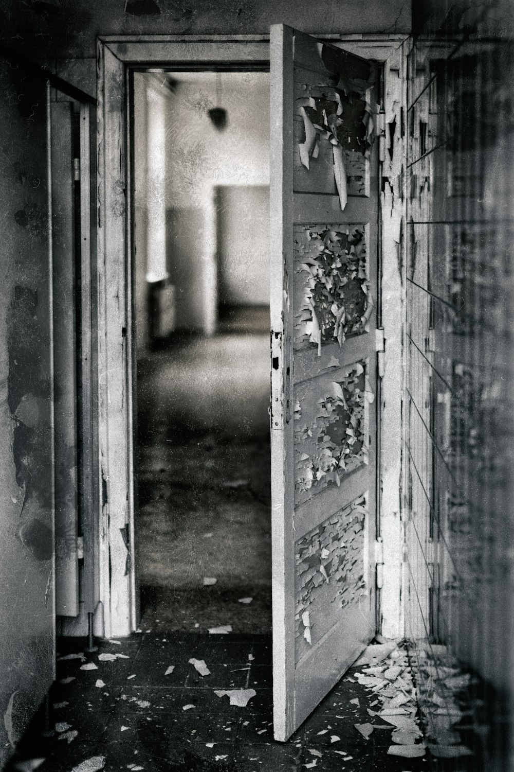 grayscale photography of opened door
