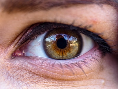 A close-up view of a human eye featuring detailed textures of the iris and surrounding skin. The iris displays a range of brown and amber hues with a clear and reflective surface showing some reflections. Fine eyelashes and natural skin textures are visible around the eye.