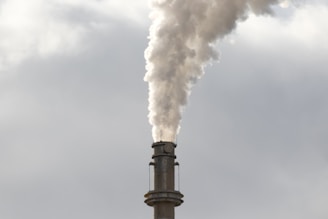 A large industrial smokestack emits a dense plume of white smoke into a cloudy sky, indicating active combustion or industrial activity.