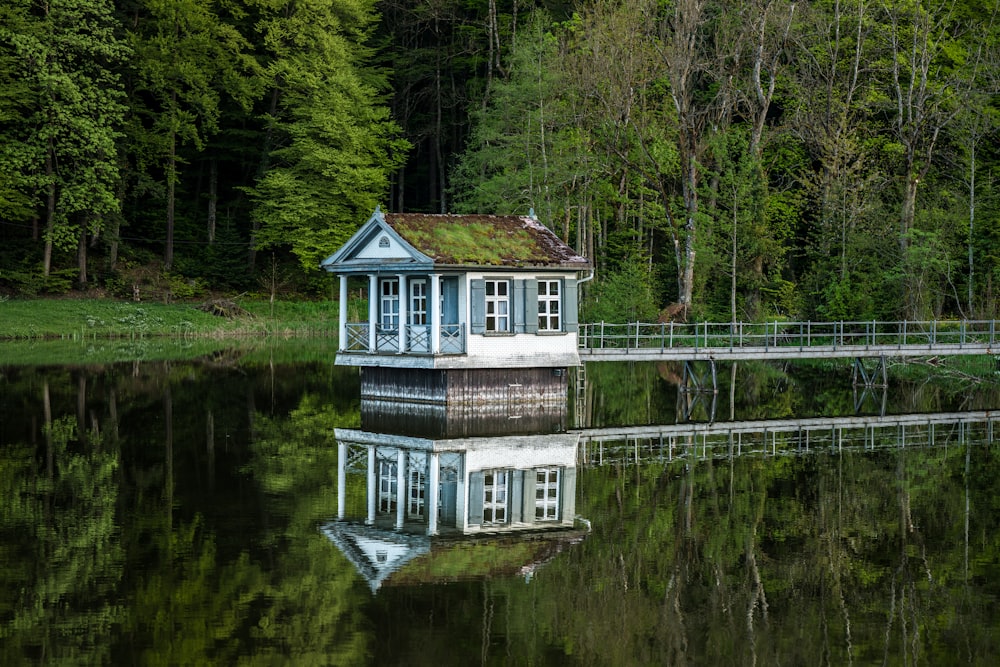 Weißes und grünes Haus auf dem Wasser