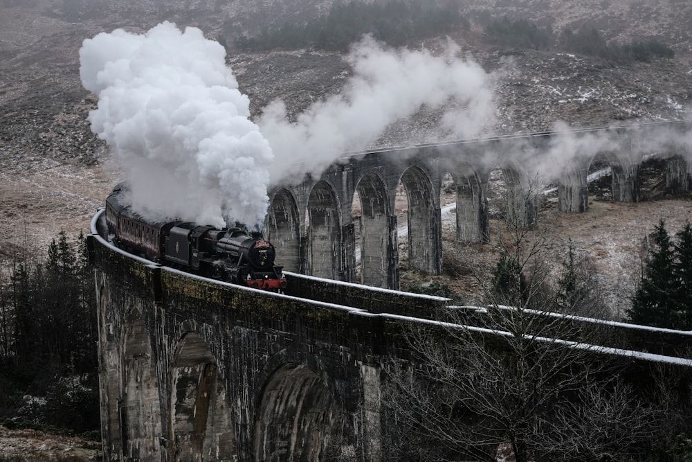 black steam train emitting smoke on concrete railway during daytime
