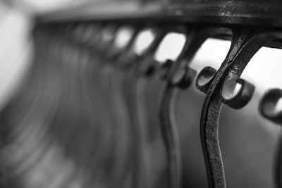 Curved, ornate wrought iron bars create a repeating pattern, with a shallow depth of field creating an artistic blur in the background.