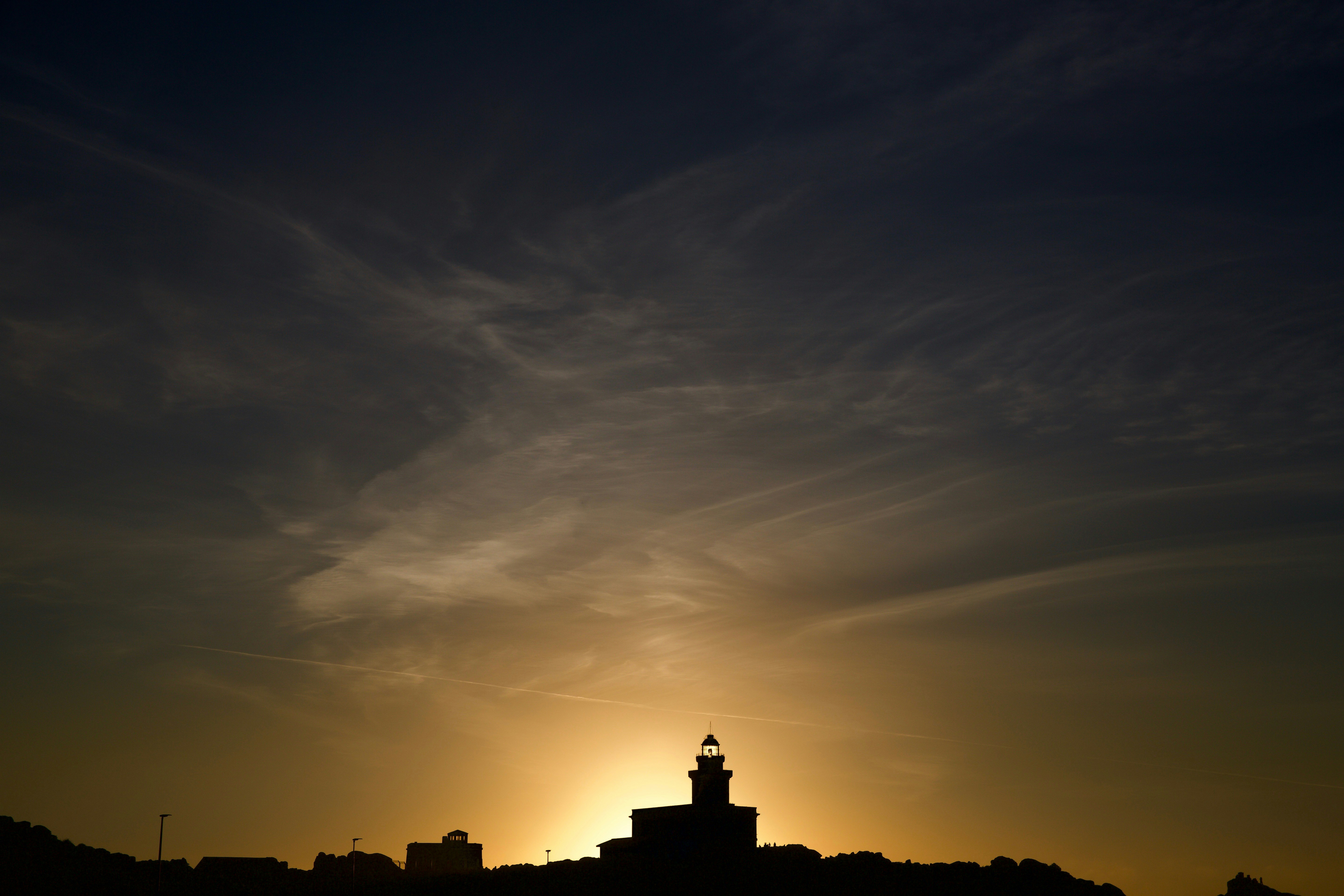 silhouette of building during sunset, Lighthouse during sunset
