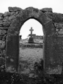 An ancient Celtic cross standing quietly among moss-covered stones in a cloistered abbey.