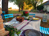 An inviting outdoor dining scene showcasing velora's durable placemats and a vibrant table runner.