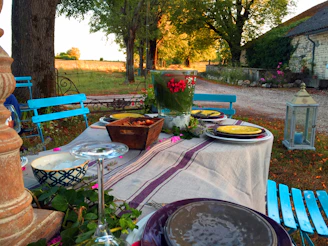 A beautifully set outdoor dining table with a white tablecloth and purple stripes, surrounded by vibrant blue chairs. The table is adorned with dishes, a wooden bowl of food, and a large vase containing bright red flowers. In the background, a tranquil rural landscape features trees and a stone building, adding to the serene atmosphere.