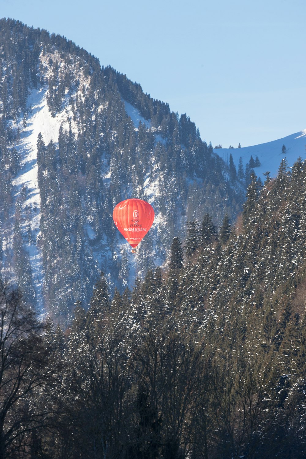 red air balloon between green mountains with trees