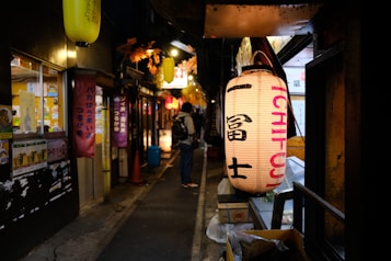 A narrow, dimly lit alley lined with traditional Japanese lanterns and small storefronts. The atmosphere is cozy and inviting, with warm light glowing from the windows. Vibrant signs and posters in Japanese script decorate the walls, and a person with a backpack walks down the path.