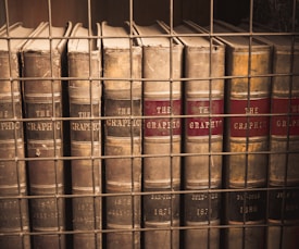 A collection of vintage books with the title 'The Graphic' on the spines, encased behind a grid-like metal framework. The leather-bound books feature worn textures and a mix of earthy colors, with visible wear on the corners and edges, indicating age. The books are organized in chronological order of publication, with dates ranging from the late 19th century.