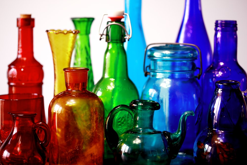 multicolored glass bottles