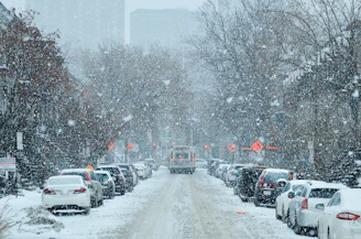 Snow-covered Louisville city street during a heavy winter snowfall, with parked cars lining both sid