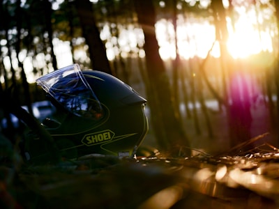 Close-up of a motorcycle helmet resting on a lush green forest trail.