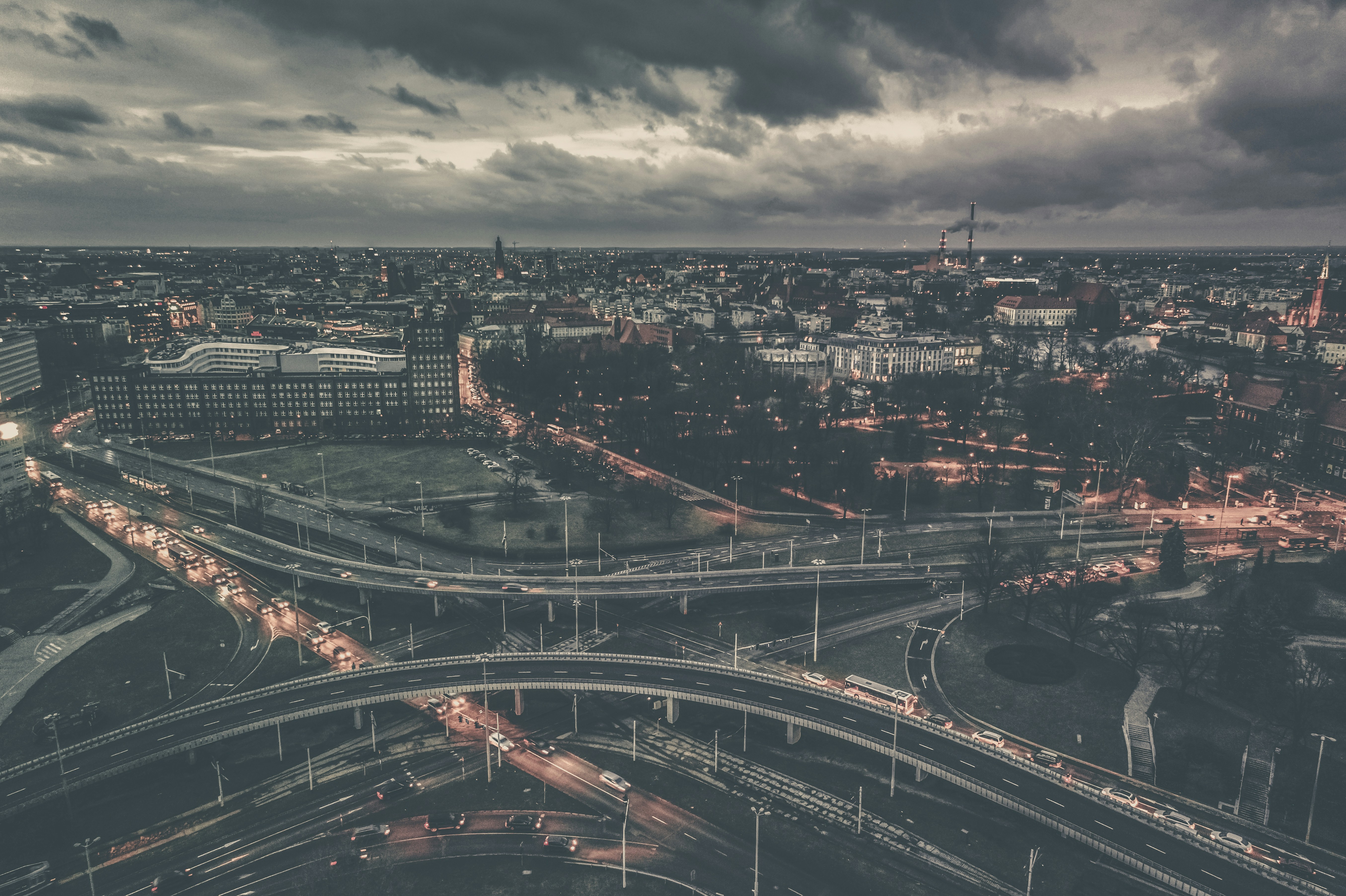 high angle photo of concrete roads with vehicles, 