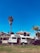 A white camper van is parked on a residential street with its side door open. The background features a modern house with a red-tiled roof and large windows. Tall palm trees rise alongside the house, and the sky above is clear and blue. A few other cars are parked on the street, and there is a well-maintained grassy area in the foreground.