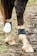 The image features the lower legs of a horse standing on muddy ground. The horse wears protective leg gear, including a fetlock boot and a cannon boot, which are visibly dirty due to the environment. The mud on the ground is mixed with grass, suggesting an outdoor setting.