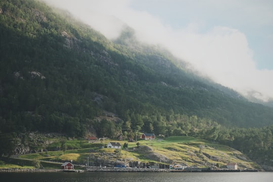 aerial view of green mountains in Lysefjord Norway