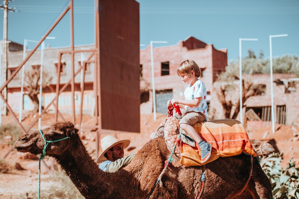 toddler riding brown camel while smiling during daytime