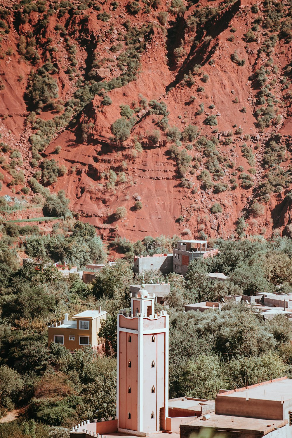 brown concrete buildings near tress and brown rocky hill