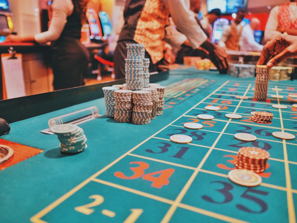 a casino table with a lot of chips on it