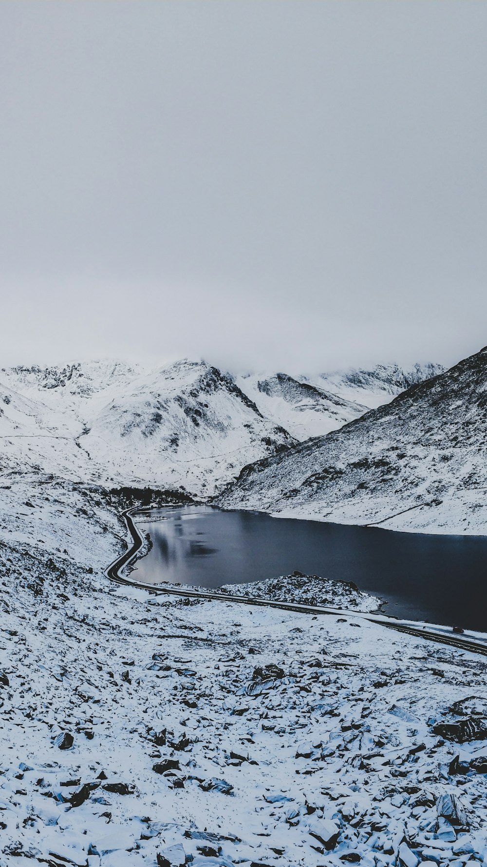 body of water between mountain