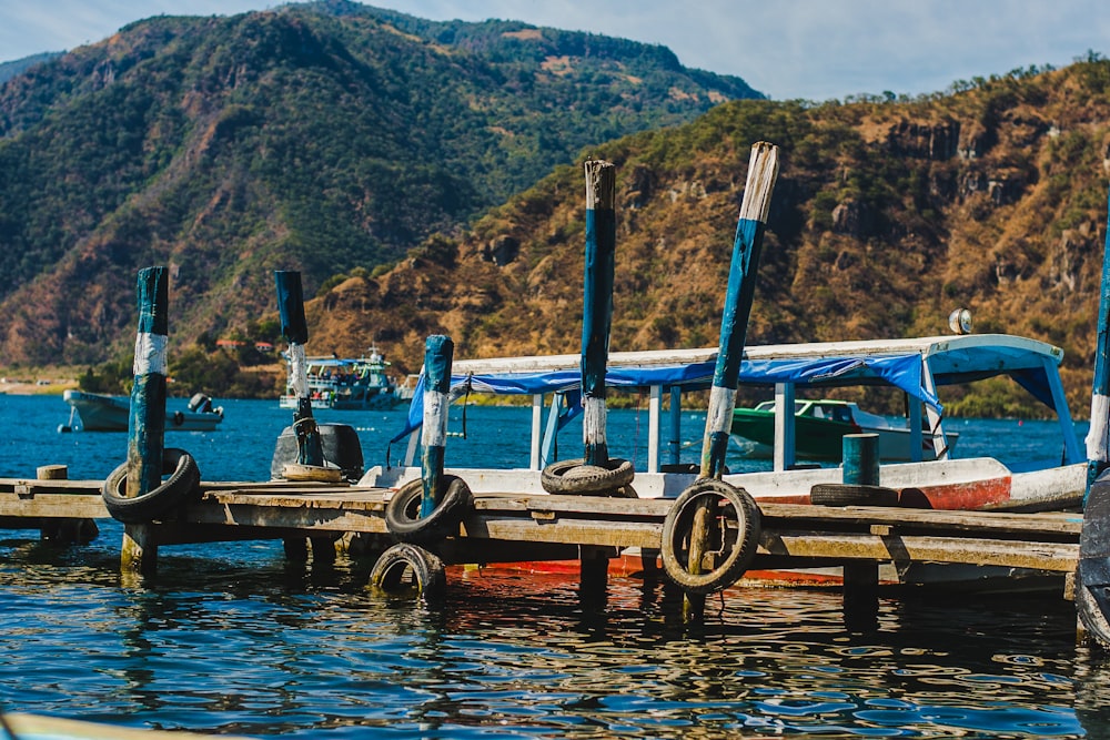 blue and white boat near dock