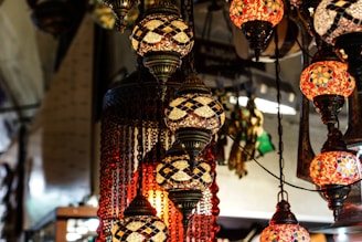 red, brown, and white downlight chandelier