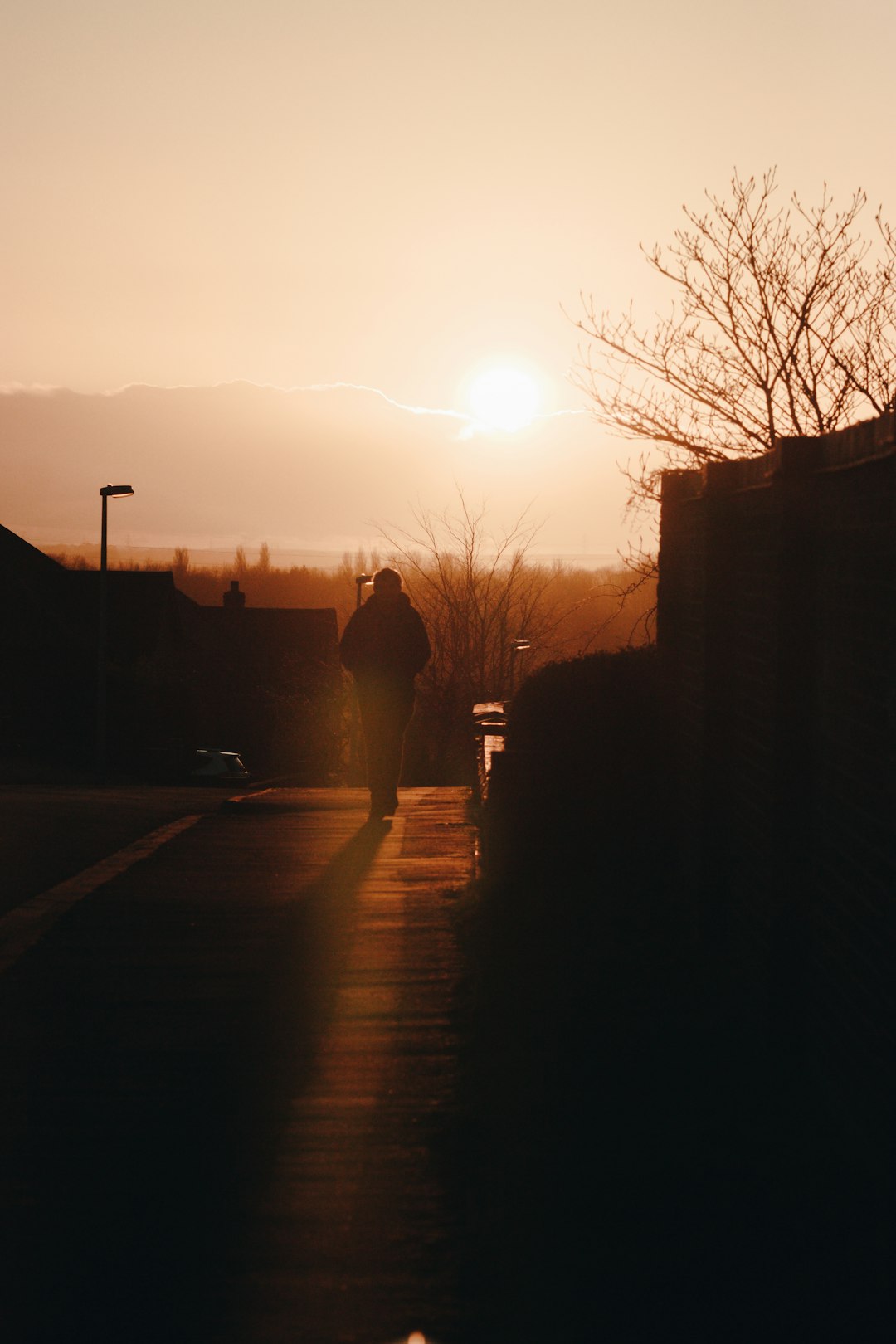silhouette photo of man walking on street during golden hour